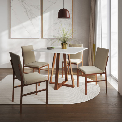 Conjunto De Jantar Mesa Mônaco 90cm Tampo Branco Com 4 Cadeiras Bege Base Cobre