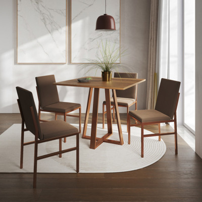 Conjunto De Jantar Mesa Mônaco 90cm Tampo Imbuia Com 4 Cadeiras Marrom Base Cobre