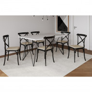 Mesa De Jantar Industrial Com 6 Cadeiras Katrina Preto Trama Premium Branco 150 Cm(100)
