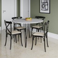 Mesa Com 4 Cadeiras Katrina Preta Elen Hairpin 110cm Jantar Branca Com Ferro Preto(100)