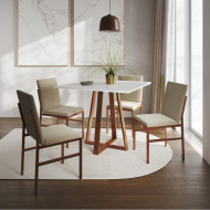 Conjunto De Jantar Mesa Mônaco 90cm Tampo Branco Com 4 Cadeiras Bege Base Cobre(100)
